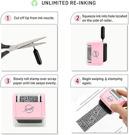 Miseyo Identity Theft Protection Roller Stamp Set - Pink (6 Refill Ink Incleded)