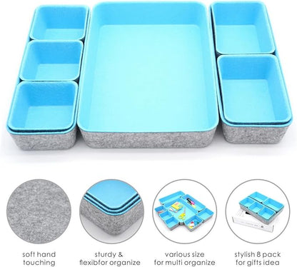 Welaxy Drawer organizers bins dividers storage trays shallow organizing box for office supplies makeup nightstand catchall key holder cozy room decor 8-piece (Baby blue)