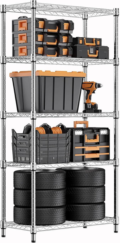 M MZG 1250 lbs Steel Heavy Duty 5-Tier Utility Shelving Unit Steel Organizer Wire Rack for Home,Kitchen,Office,Chrome (13.7" D x 23.6" W x 62.4" H)