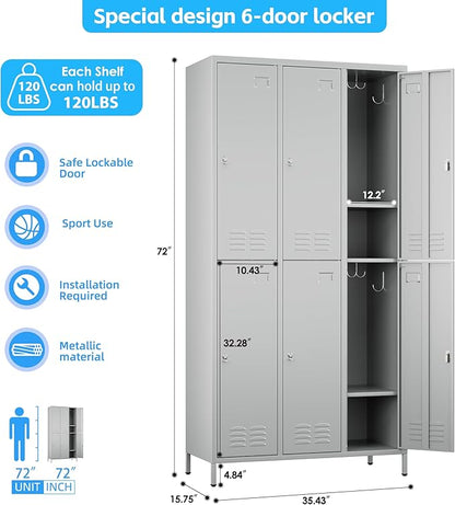 SUPEER 6 Doors Metal Locker Employee with Business Card Holder,Metal Locker for Employees with 18 Hooks for School Garage Office Gym Home,Assembly Required,Light Grey