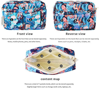 E-WEICHEN Multiple Pockets Portfolio Organizer with Zippered, Makeup Bag Travel Essentials for Women, Simple Waterproof Stationery Pencil Pouch Bag for Journal Office Art Supplies.Blue Jellyfish