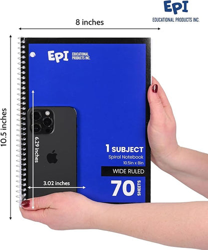 EPI Spiral Notebook | Wide - 70 Sheets, Durable Spiral Binding | 10.5 x 8 in | Classroom Supplies | School, Office, Note Taking, Journaling - 6 Pack