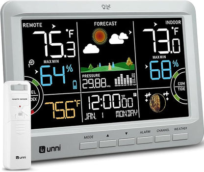 Weather Station Indoor Outdoor Thermometer Wireless, Home Atomic Clock with Large Constant Display, Inside Outside Temperature Humidity Monitor, Dew Heat Point, Barometer Grey
