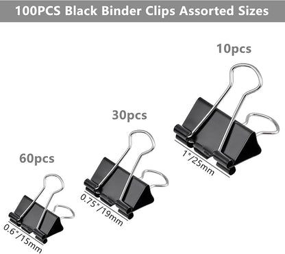 100pcs Binder Clips Assorted Sizes, Black Paper Clamps, Medium, Small, Mini 3 Sizes with Box for Office, School and Home (Pack of 2)