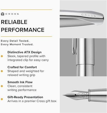Cross ATX Pure Chrome Stainless Steel Fine Nib Fountain Pen - Refillable Pen for Smooth Writing - Black Ink - Comfortable Grip - Long-Lasting - Professional Office Supplies