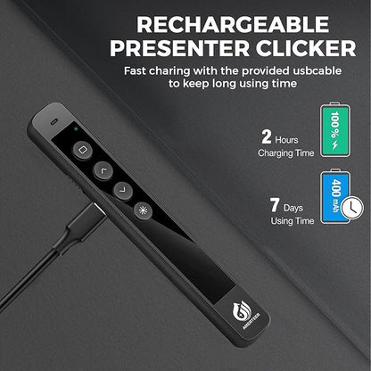 AMERTEER Wireless Presenter Remote – Presentation Clicker with 2.4GHz RF Hyperlink & Volume Control, Built-in Rechargeable Battery, Compatible with Keynote, PowerPoint, Mac, PC, and Laptops