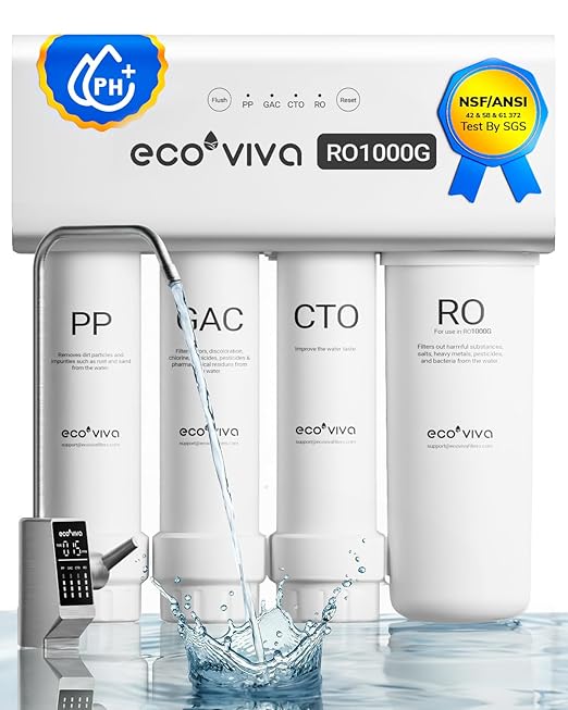 Ecoviva RO1000G Tankless 9-Stage Commercial Reverse Osmosis Water Filtration System, NSF/ANSI 58, 1000GPD German Design 3:1 Pure to Drain,10 Years Fully Sealed Solid & Reliable, Alkaline PH+