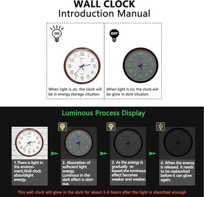 Oxmidud Glow in The Dark 3D Numerals Wall Clock，12 Inch Retro Silent Non-Ticking Battery Operated Easy to Read Vintage Analog Clocks for Living Room Kitchen Office Bedroom Decor