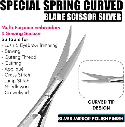 Cross Edge Curved Spring Scissors 5 Inch Stainless Steel Precision Eyebrow & Eyelash Shaping & Trimming Scissor, Snips Squeeze, Embroidery, Knitting Micro Tip Craft Scissors (Silver)