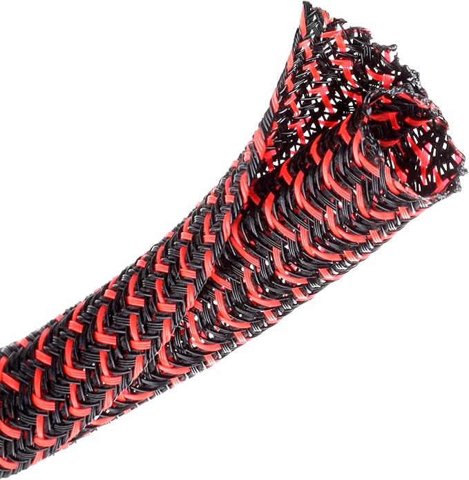 CrocSee 10ft - 1/2 inch Braided Cable Management Sleeve Cord Protector - Self-Wrapping Split Wire Loom for TV/Computer/Home Theater/Engine Bay - Black/Red