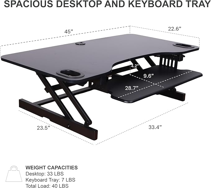 Rocelco 45" Height Adjustable Standing Desk Converter with Anti Fatigue Floor Mat and Slide Out Retractable Keyboard Tray - Sit Stand Up Triple Screen Tabletop Riser - Black (R ADRB-45-MAFM)