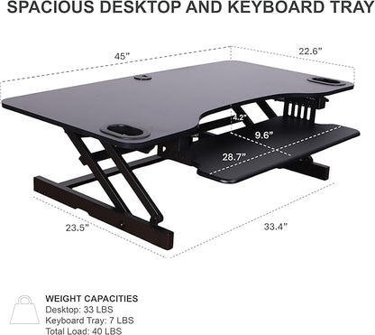 Rocelco 45" Height Adjustable Standing Desk Converter with Anti Fatigue Floor Mat and Slide Out Retractable Keyboard Tray - Sit Stand Up Triple Screen Tabletop Riser - Black (R ADRB-45-MAFM)