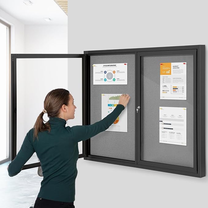 SWANCROWN Enclosed Bulletin Board 48x36in, Outdoor Bulletin Board Weatherproof for Office School Commerce, Grey Felt, Black Aluminum Frame