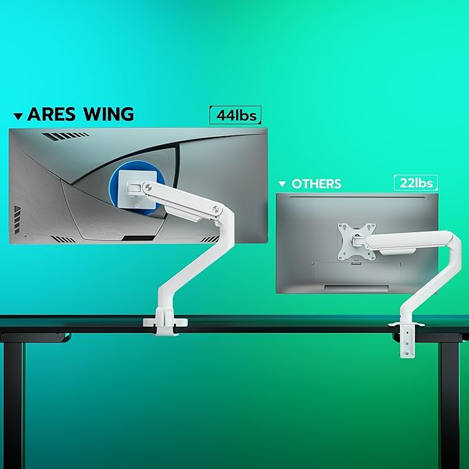 ARES WING Ultrawide Monitor Arm White for 17 to 49 Inch Heavy Duty Curved Screen, Holds 44 Lbs, Adjustable Gas Spring Monitor Arm Desk Mount with C Clamp, Grommet Base, 75/100 Vesa Mount