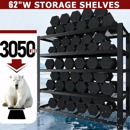 ZEUKMXOO 62" W 3050LBS Storage Shelves Unit,5 Tier Heavy Duty Metal Shelving Unit and Storage Large Rack,72" H x62 W x24 D Adjustable Metal Shelving Unit,Garage Shelves for Basement,Warehouse