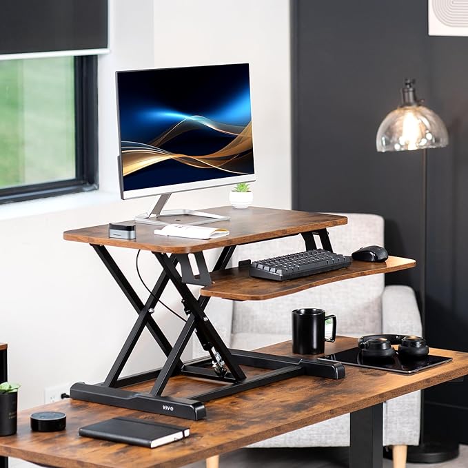 VIVO 28 inch Desk Converter, K Series, Height Adjustable Sit to Stand Riser, Dual Monitor and Laptop Workstation with Keyboard Tray, Rustic Vintage Brown Top, Black Frame, DESK-V028KN