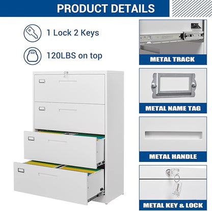 Fesbos Lateral File Cabinet with Lock, 4 Drawer Large Metal Filing Cabinet,Home Office Lockable Storage Cabinet for Hanging Files Letter/Legal/F4/A4 Size-Assembly Required