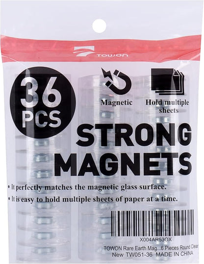 TOWON Rare Earth Magnets Large, Strong Magnets for Glass Whiteboard and Dry Erase Board, 36 Pieces Round Clear