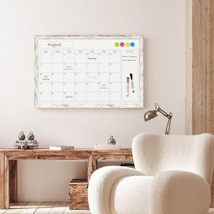 Monthly Dry Erase Calendar Whiteboard for Wall, 24" x 18" Magnetic White Board Calendar Board - Rustic Vintage Wooden Frame