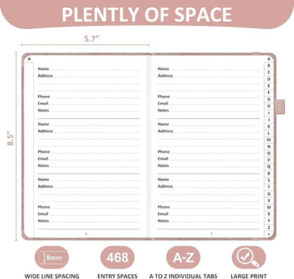 Comkiso Address Book with Individual Alphabetical Tabs Laminated, Large Print Address Book with 468 Wide Lining Entry Spaces, Change of Address Labels, Hardcover Address Book 5.7 x 8.5" - Rose Gold