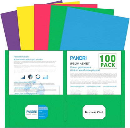 Two Pocket Folders, PANDRI 100 Pack 2 Pocket Folders, Letter Size Paper File Folder for School Office Home Business, Assorted 5 Colors