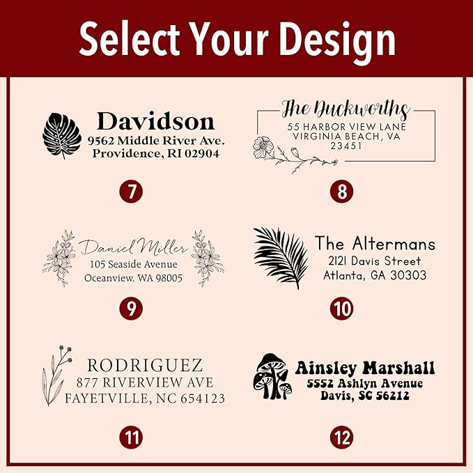Custom Floral Address Stamp | Choose from 12 Designs | Multiple Ink Color Options | Envelope Return Address Stamp for Couple or Family (Design 2, Extra Large)