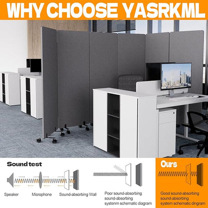 Soundproof Room Divider with Wheels, 66in Office Dividers for Sound Proofing & Reducing, 3 Panel Sound Proof Dividers for Office Partitions Portable Temporary Wall Acoustic Wall Divider，Dark Grey