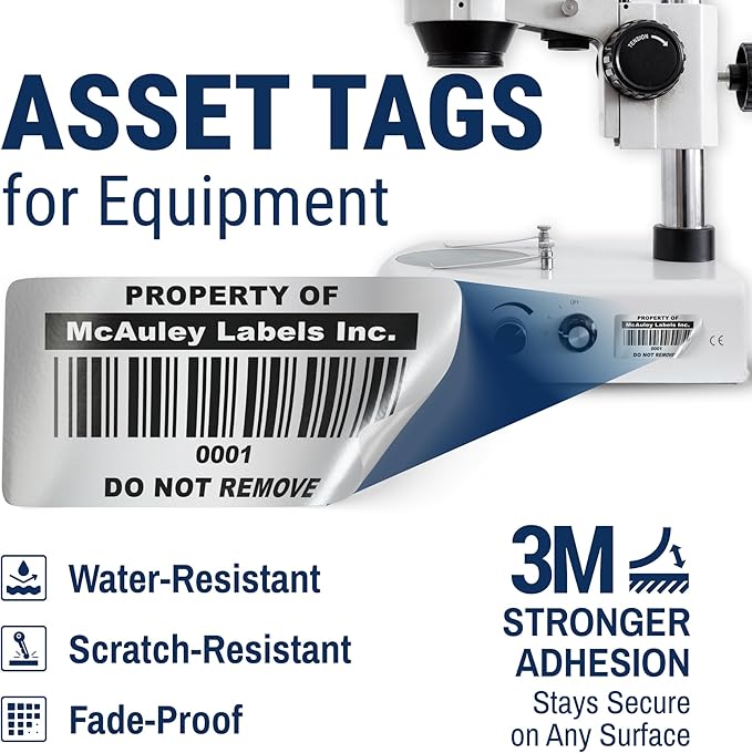 McAuley Labels Custom Asset Tags for Equipment - Numbered, Permanent - Heavy Duty Metalized Polyester, Stronger Adhesive - Barcode Label - 1.5x0.75 Inches