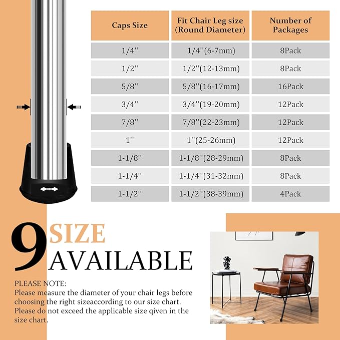 VOCOMO 1-1/2” Round Rubber Chair Leg Tips Caps, Chair Leg Floor Protectors Furniture Legs Caps Non Slip Reduce Noise for Hardwood Floors (Black, 4 Pack, Fit :38-39mm)