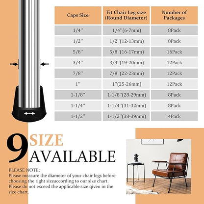 7/8" Round Rubber Chair Leg Tips Caps, Chair Leg Floor Protectors, Non-Slip Chairs Legs Caps, Stool Feet Protectors Cap, Folding Metal Chairs Legs Tip Replacement (Black, 24 Pack)