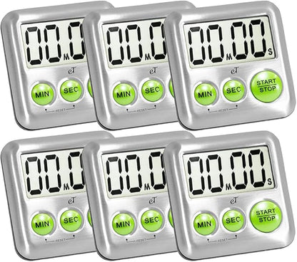 Elegant Digital Kitchen Timer Stainless Steel - Lime - Strong Magnetic Back - Kickstand - Loud Alarm - Large Display - Auto Memory - Auto Shut-Off - Model eT-25 (Lime 6-Pack) by eTradewinds