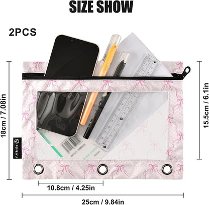 Wamika Bowknot Pink Binder Pouches 3 Ring for Boys Girls School Office College Supplies Cute Bow Ribbon Tie Pencil Pouches Case Bag with Clear Window and Zipper 2 pack