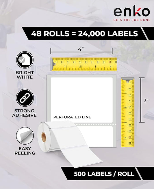 enKo 4" x 3" Labels for Zebra Desktop Printers (48 Rolls, 24,000 Labels) - Direct Thermal Address Mailing Shipping Barcode FBA Stickers FNSKU Labels for Zebra and Eltron (Perforated)