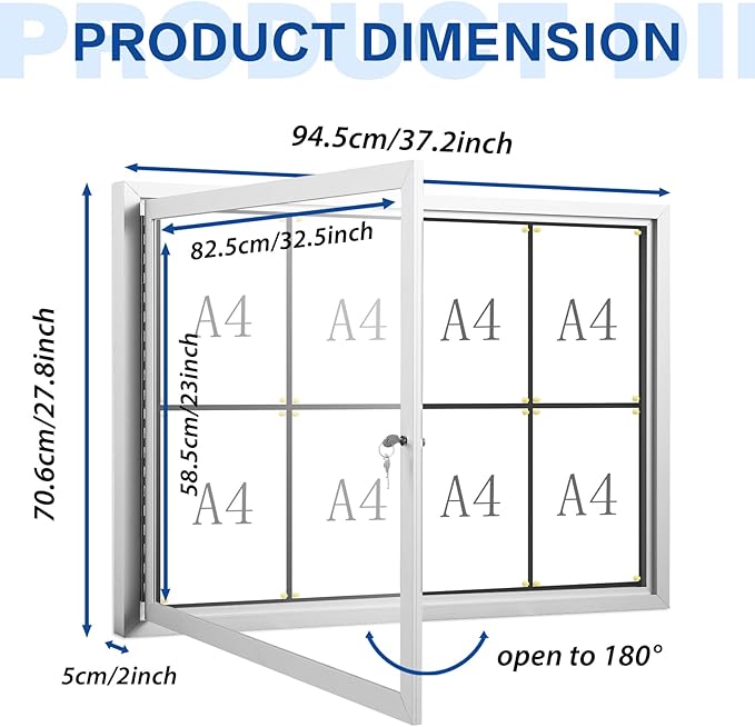 SWANCROWN Enclosed Bulletin Board Weatherproof 37x28in, Outdoor Lockable Bulletin Board Wall Display Case for Office School Commerce, Black Felt, Sliver Aluminum Frame (8xA4)