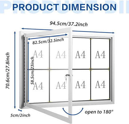 SWANCROWN Enclosed Bulletin Board Weatherproof 37x28in, Outdoor Lockable Bulletin Board Wall Display Case for Office School Commerce, Black Felt, Sliver Aluminum Frame (8xA4)