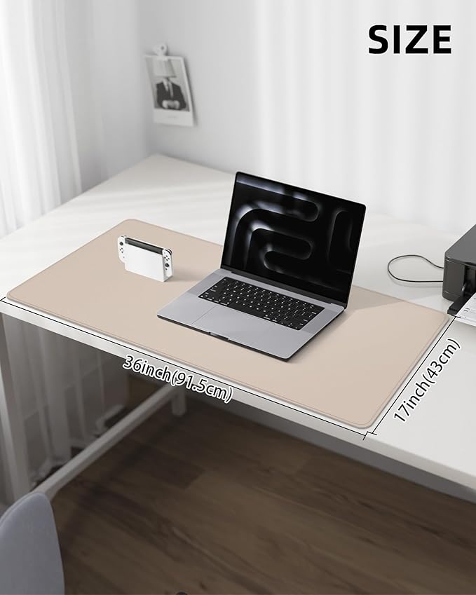 Leather Desk Protector, Large Mouse Pad, Non-Slip, Waterproof PU Leather Blotter Mat, Desk Cover for Office and Home (Beige, 36" x 17")