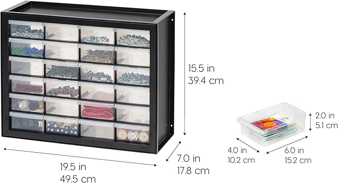 IRIS USA Plastic Storage Drawers, 24-Drawer, Stackable Small Parts Organizer Cabinet for Hardware Screw Nuts and Bolts Sticker Bead Balloon Building Bricks, Teacher Toolbox Garage Storage Bins, Black