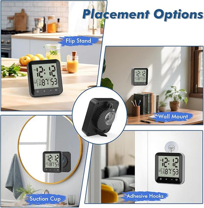 Wisoee Waterproof Shower Clock Timer, Bathroom Clock with Countdown, Touch Screen, Indoor Temperature, Suction Cup, LCD Digital Wall Clock for Bath, Kitchen