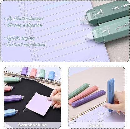Temiary 4 Pcs 2 in 1 White Correction Tape and Double Sided Roller Set, Aesthetic Smooth Pull Out Tapes with Adhesive Glue Tape Roller Runner for School Office Supplies (Green)