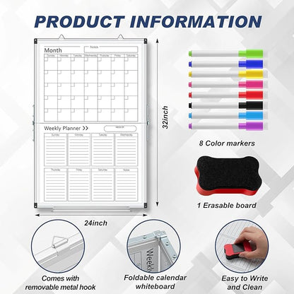 Lincia Dry Erase Calendar for Wall Undated Dry Erase Calendar Planner Aluminum Frame Whiteboard for Home Office Projects Wall Fridge (Vertical Monthly and Weekly,24" X 32")