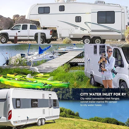 RV City Water Inlet with Check Valve, 3/4 NH Female to 1/2 NPT Male Black Flange RV Fresh Water Inlet, RV Water Inlet Replacement, RV Water Inlet with Dust Plug for RV Camper Motorhome, Black
