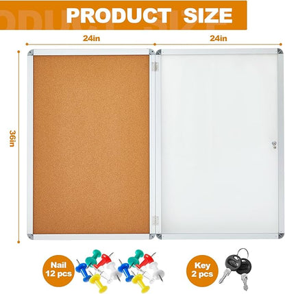 Geetery 36 x 24 Inch Enclosed Bulletin Board Tamperproof Lockable Cork Board Fabric Noticeboard, Aluminium Frame Display Cases Wall-Mounted for School, Office, Commercial, Hospital