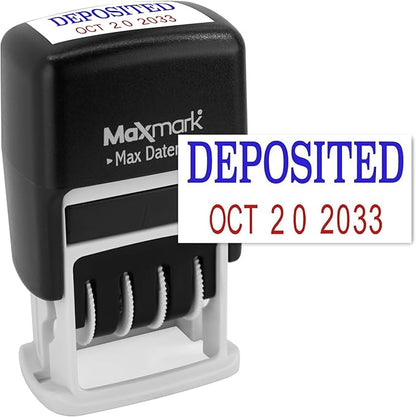 MaxMark Self-Inking Rubber Date Office Stamp with DEPOSITED Phrase Blue Ink & Date RED Ink (Max Dater II), 12-Year Band