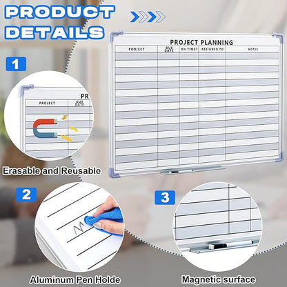 Lincia Project Planning Dry Erase Whiteboard Magnetic Dry Erase Board with Lines Sliding Marker Tray Aluminum Frame White Board Planner for Wall Scheduling(36"x24",Project Planning Horizontal)