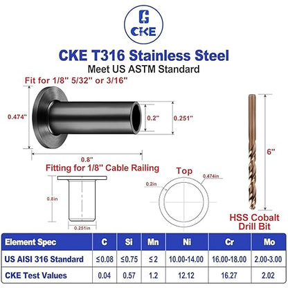 CKE 150 Pack T316 Stainless Steel Black Protector Sleeves for 1/8" 5/32" or 3/16" Cable Deck Stair Railing Kit System, Black Cable Railing Protective Sleeves for Wood Posts, DIY Balustrade, BCR01-3/16