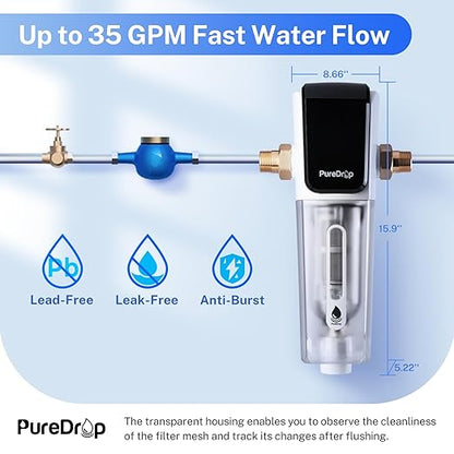 PureDrop PDR-ARB50WSP Spin Down Sediment Water Filter, Auto Flushing Module with Touch-Screen, Reusable Whole House Sediment Filter for Well Water w/Scraper, 50-Micron Prefilter Filtration System