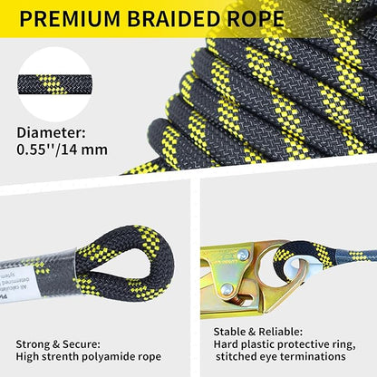 25FT Heavy Duty Fall Protection Safety Rope, Vertical Lifeline Assembly with Shock Absorber & Grab Snap Hooks, Rope Harness Safety Lanyard for Tree Climbing Roofing Safety