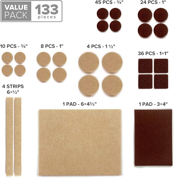 Felt Furniture Pads X-PROTECTOR 133 PCS Premium Furniture Pads - Felt Pads Furniture Feet Best Wood Floor Protectors - Protect Your Hardwood & Laminate Flooring! Brown and Beige