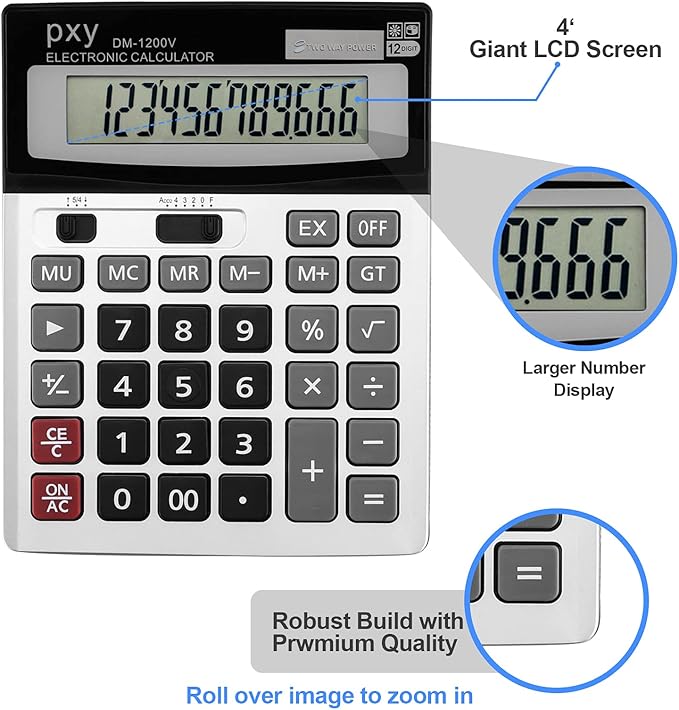 Desk Calculator 12 Digit Extra Large LCD Display, Touch Comfortable with Big Buttons, PXY Two Way Power Battery and Solar Standard Function Office Calculators