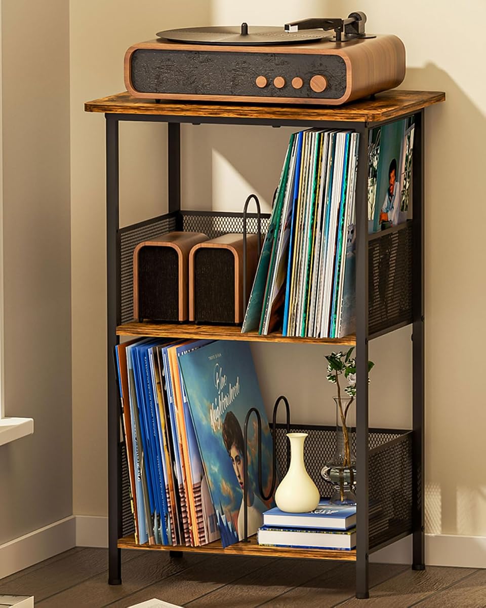 Honkazita 3 Tier Vinyl Record Storage Table Wooden Turntable Stand
